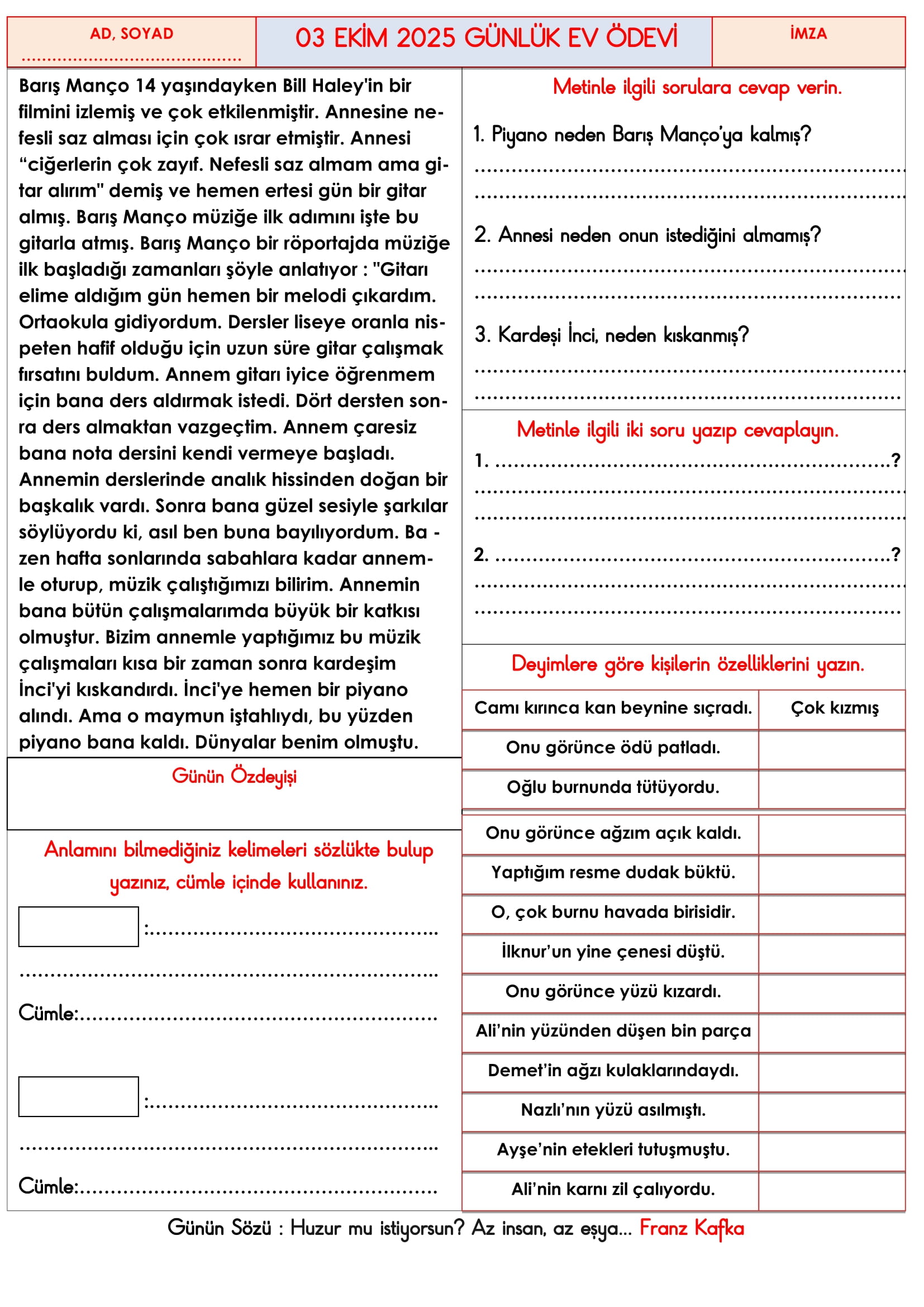 3.Sınıf - 03 Ekim 2025 Günlük Ev Ödevleri