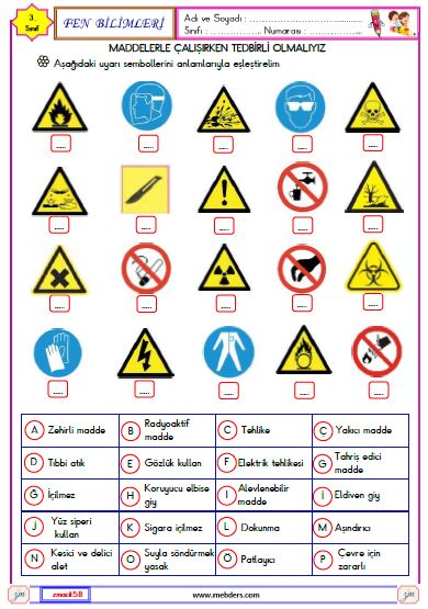 3.Sınıf Fen Bilimleri Maddelerle Çalışırken Tedbirli Olmalıyız Etkinliği 1