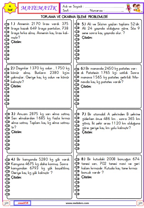 4. Sınıf Matematik Toplama ve Çıkarma İşlemi Problemler Etkinliği 2