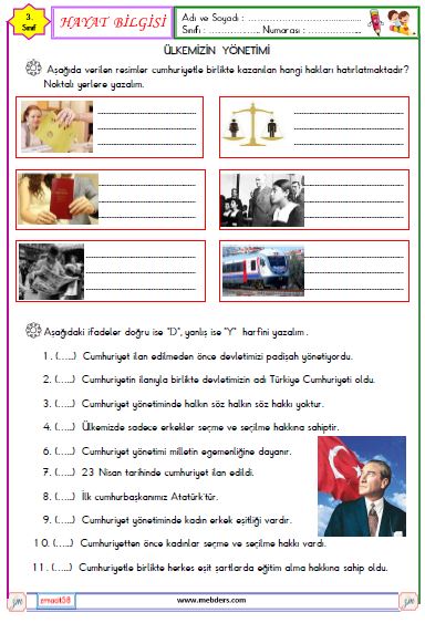 3. Sınıf Hayat Bilgisi Ülkemizin Yönetim Şekli Etkinliği