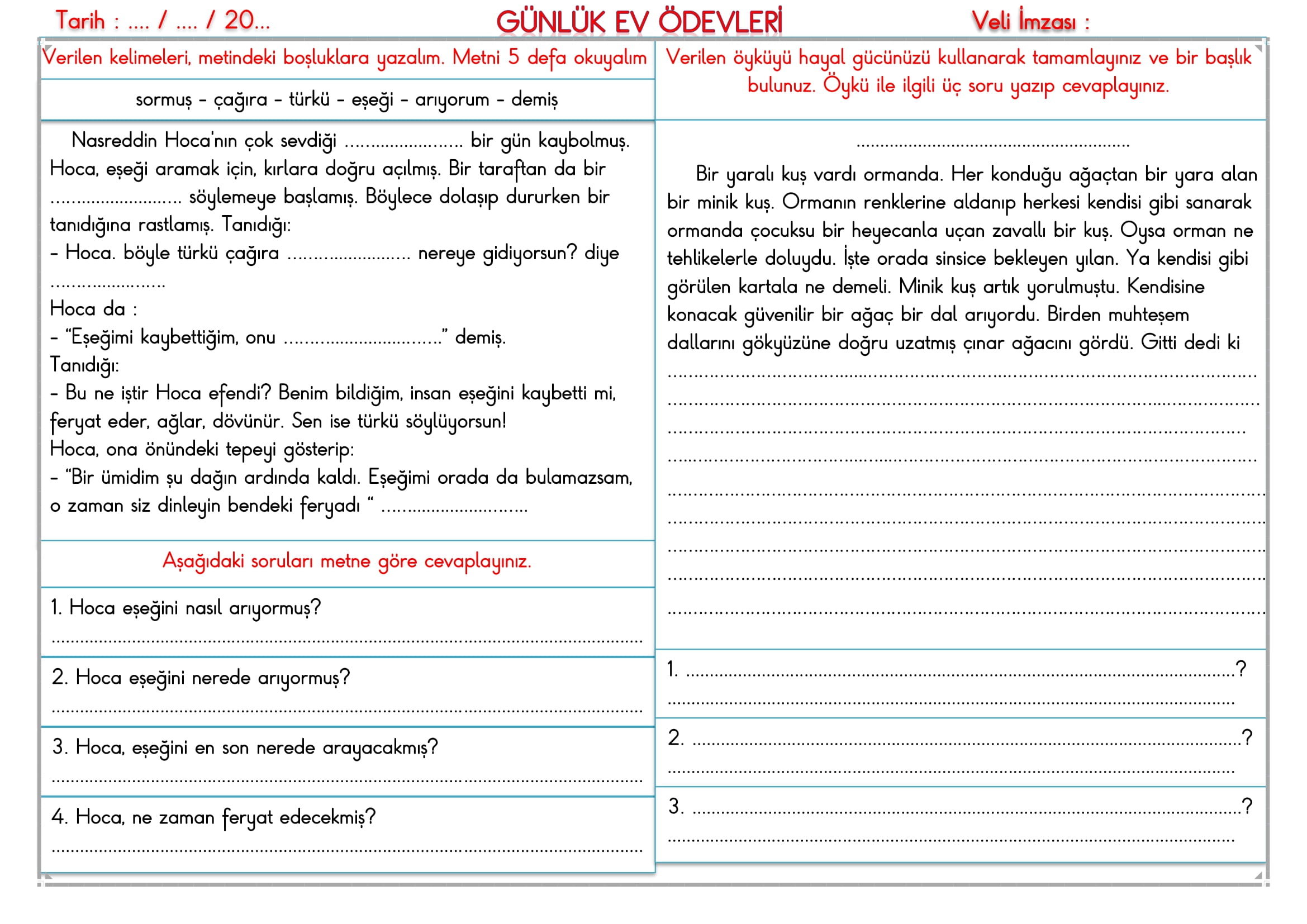 2.Sınıf - 24 Kasım 2025 Günlük Ev Ödevleri