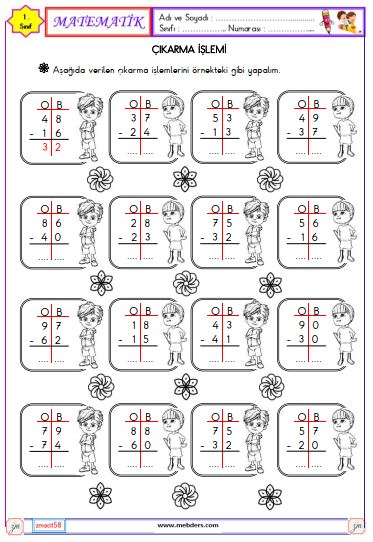 1. Sınıf Matematik İki Basamaklı Sayılarla Çıkarma İşlemi  Etkinliği