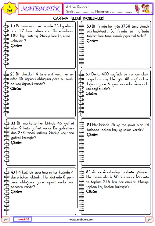 4. Sınıf Matematik Çarpma İşlemleri Problemleri Etkinliği 1
