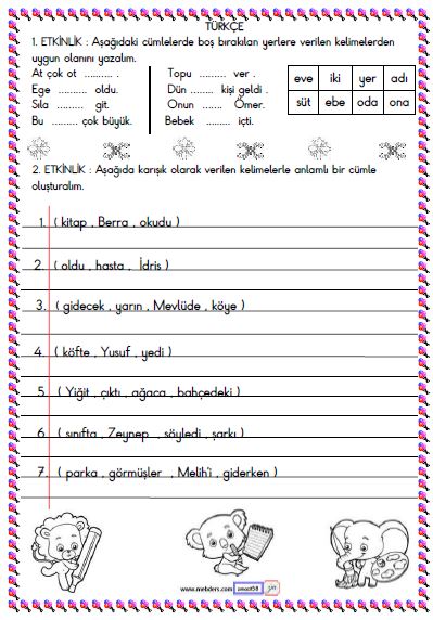 1. Sınıf Türkçe Boşluk Doldurma ve Cümle Oluşturma Etkinliği