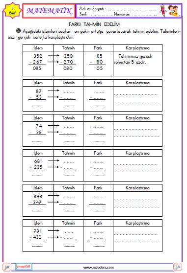 3. Sınıf Matematik Farkı Tahmin Edelim Etkinliği 3