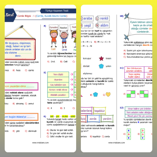 3. Sınıf Türkçe Cümle Bilgisi - 1 Kazanım Testi