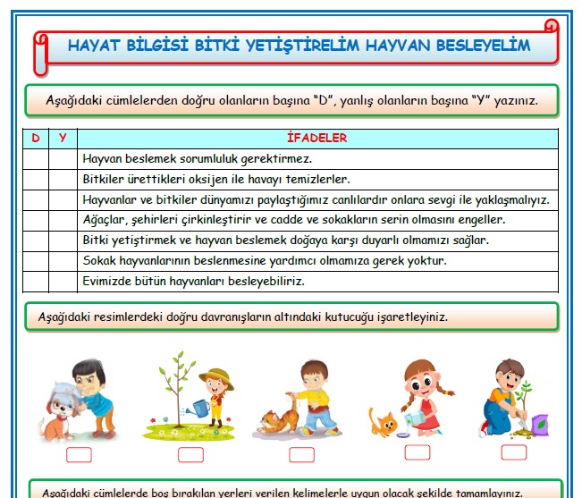 2.Sınıf Hayat Bilgisi Bitki Yetiştirelim Hayvan Besleyelim Etkinlik Çalışması