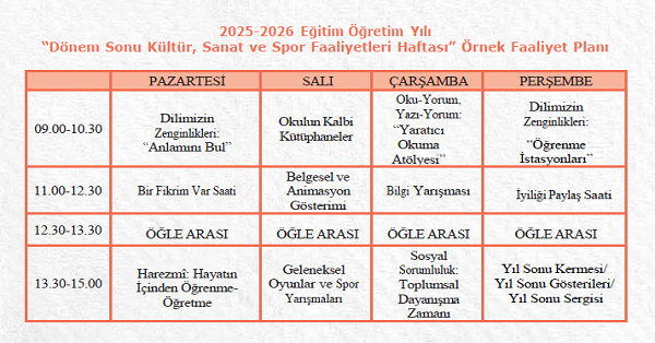 2025-2026 Dönem Sonu Faaliyet Haftası Planı