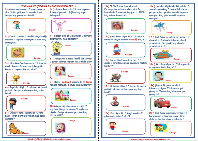 1.Sınıf Matematik Toplama ve Çıkarma İşlemi Problemleri  1   (20 Soru-2 Sayfa)