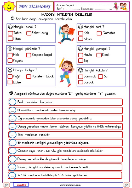 3. Sınıf Fen  Bilimleri Maddeyi Niteleyen Özellikler Etkinliği 5