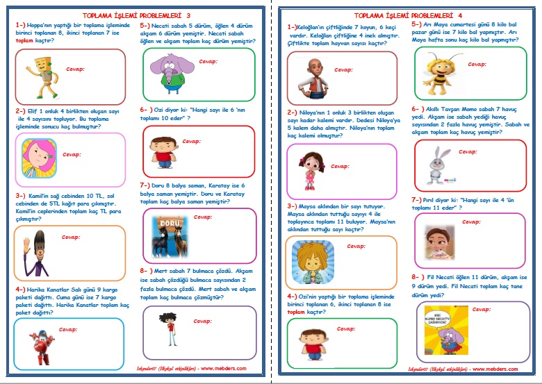 1.Sınıf Matematik Toplama İşlemi Problemleri  3-4  (2 Sayfa)