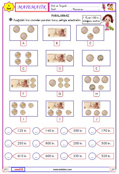 3. Sınıf Matematik Paralarımız Etkinliği 1