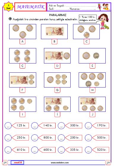 3. Sınıf Matematik Paralarımız Etkinliği 1