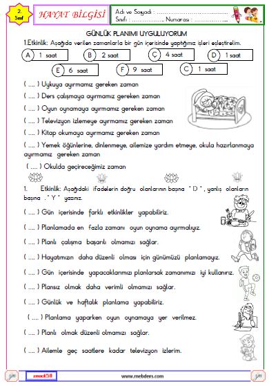 2. Sınıf Hayat Bilgisi Günlük Planımı Uyguluyorum Etkinliği