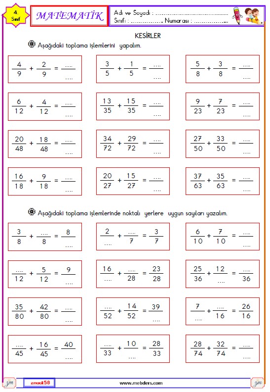 4. Sınıf Matematik-Kesirler Toplama ve Çıkarma İşlemi Etkinliği 9