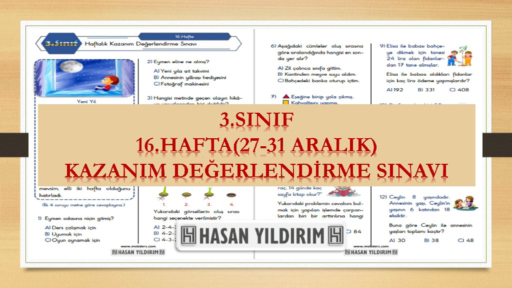 3.Sınıf Haftalık Değerlendirme Testi-16.Hafta(27-31 Aralık)