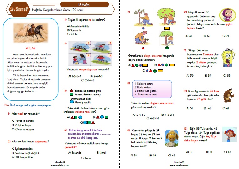 2.Sınıf Haftalık Değerlendirme Testi - 15.Hafta (26-30 Aralık)