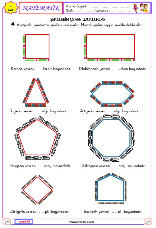 3. Sınıf Matematik Şekillerin Çevre Uzunlukları Etkinliği 1