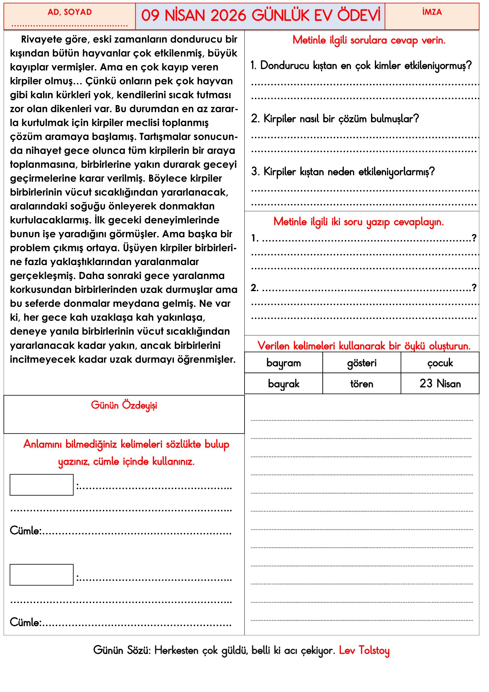 3.Sınıf - 09 Nisan 2026 Günlük Ev Ödevleri