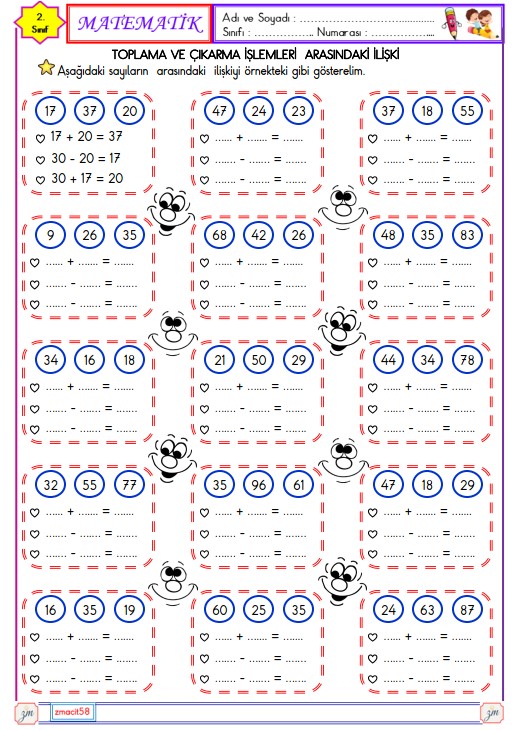 2. Sınıf Matematik Toplama ve Çıkarma  İşlemleri Arasındaki İlişki Etkinliği 3