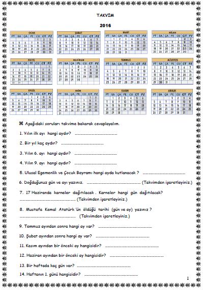 1. Sınıf Matematik Takvim Etkinliği ( 5 Sayfa )