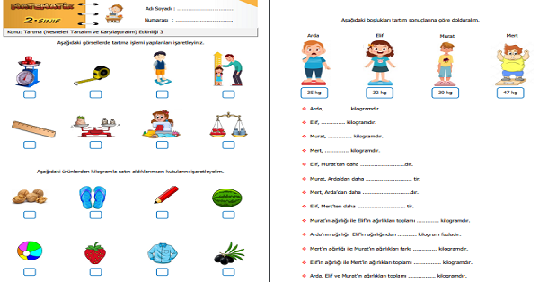2.Sınıf Matematik Tartma (Nesneleri Tartalım ve Karşılaştıralım) Etkinliği 3