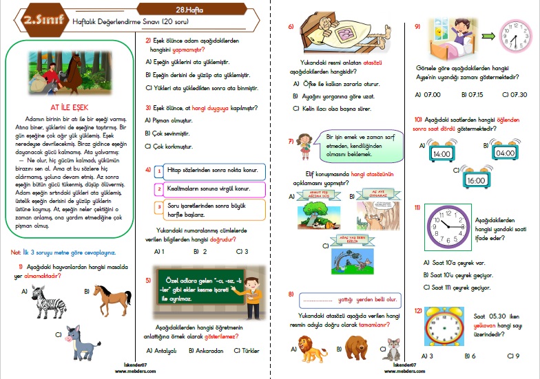 2.Sınıf Haftalık Değerlendirme Testi - 28.Hafta (10-14 Nisan)