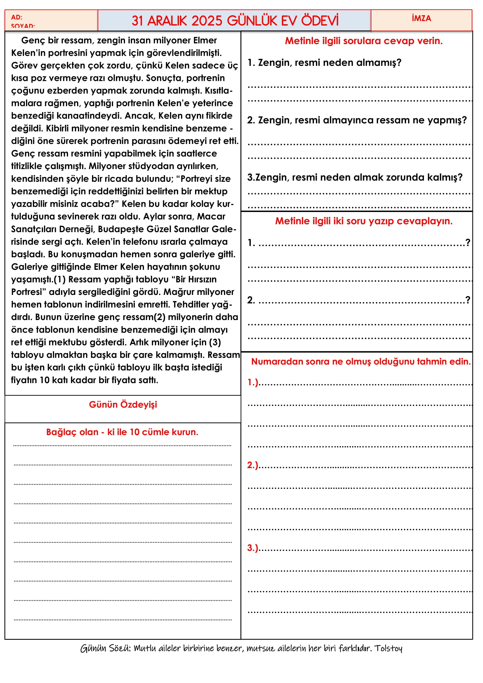 4.Sınıf - 31 Aralık 2025 Günlük Ev Ödevleri