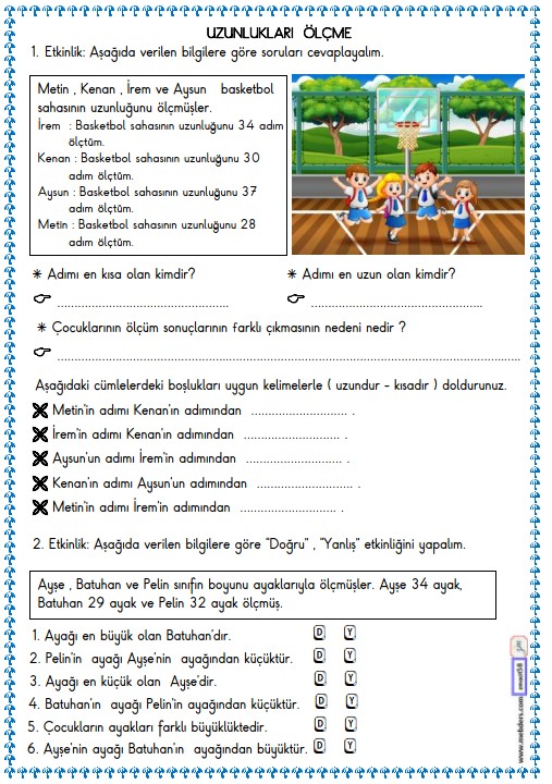 2. Sınıf Matematik Uzunlukları Ölçme  Etkinliği 16