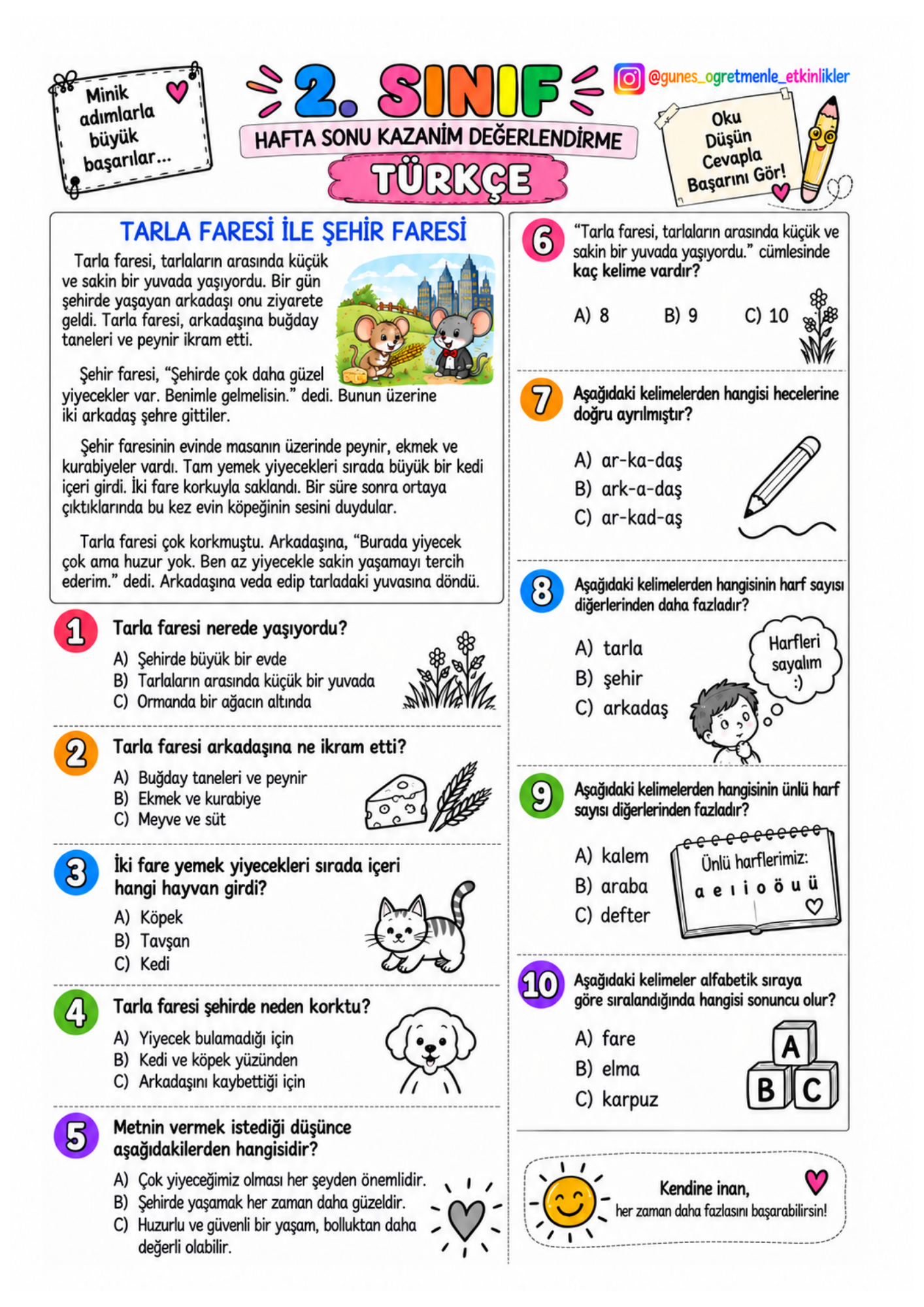 2.Sınıf 2.Hafta Kazanım Değerlendirme