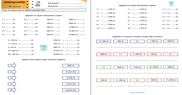 4.Sınıf Matematik Sıvı Ölçme (Litre ve Mililitre Arasındaki İlişki) Etkinliği 1