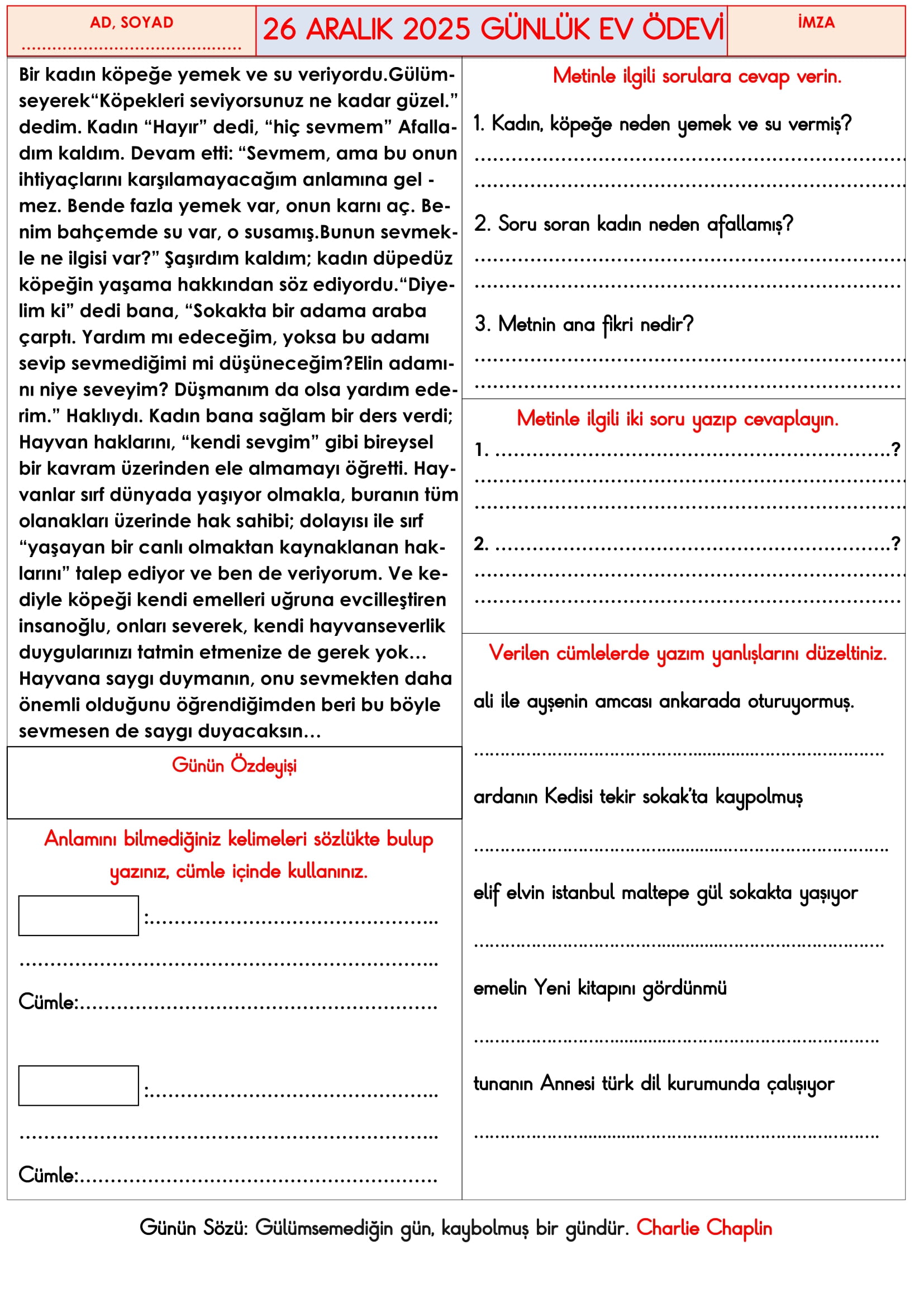 3.Sınıf - 26 Aralık 2025 Günlük Ev Ödevleri