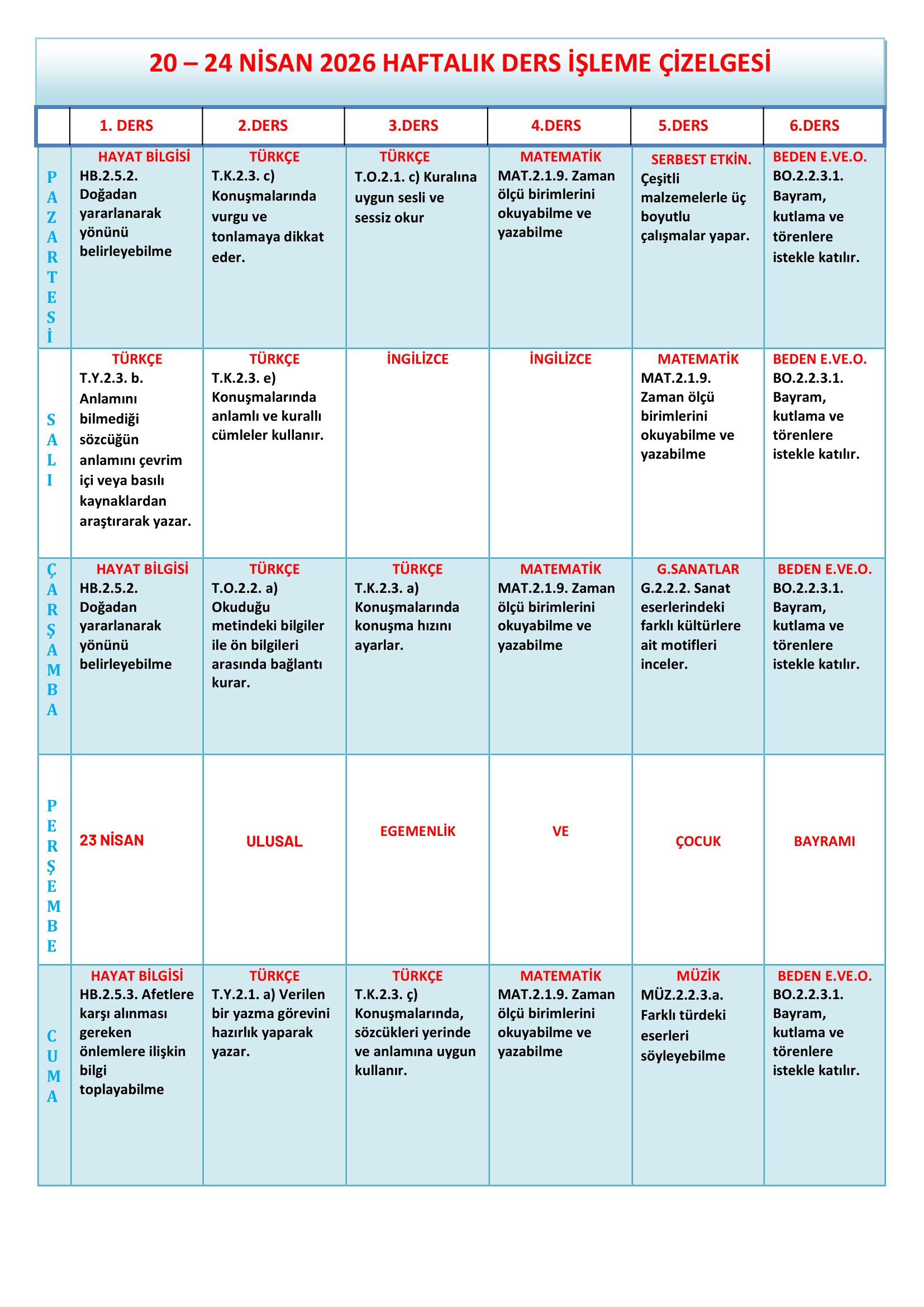 2.Sınıf 20 - 24 Nisan 2026 Haftalık Ders İşleme Çizelgesi.doc