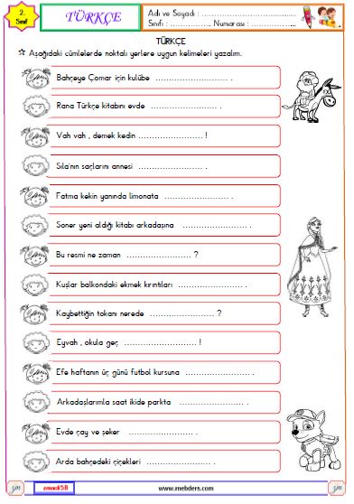 2. Sınıf Türkçe Cümlede Eylem Etkinliği