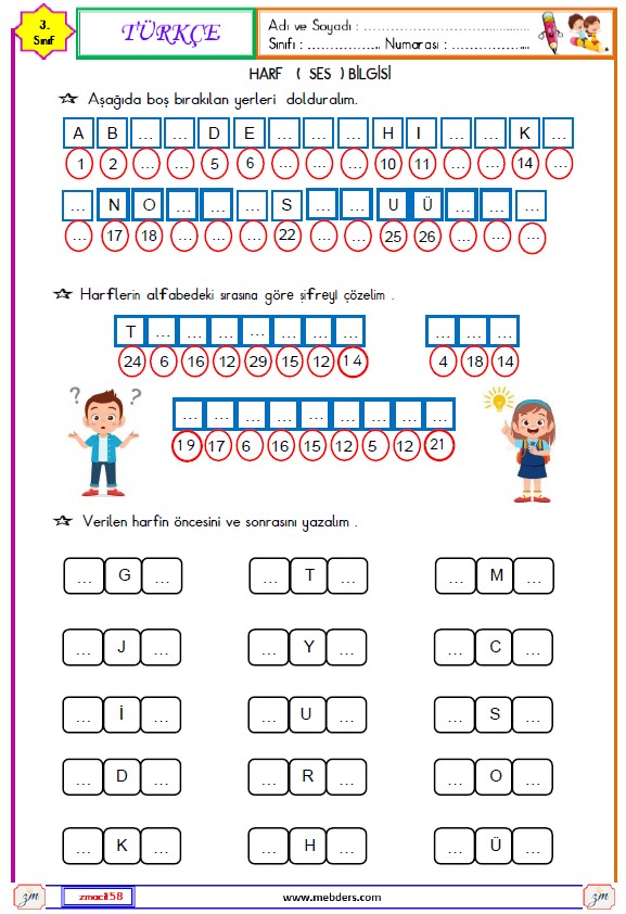 3. Sınıf Türkçe Harf Bilgisi  Etkinliği 1