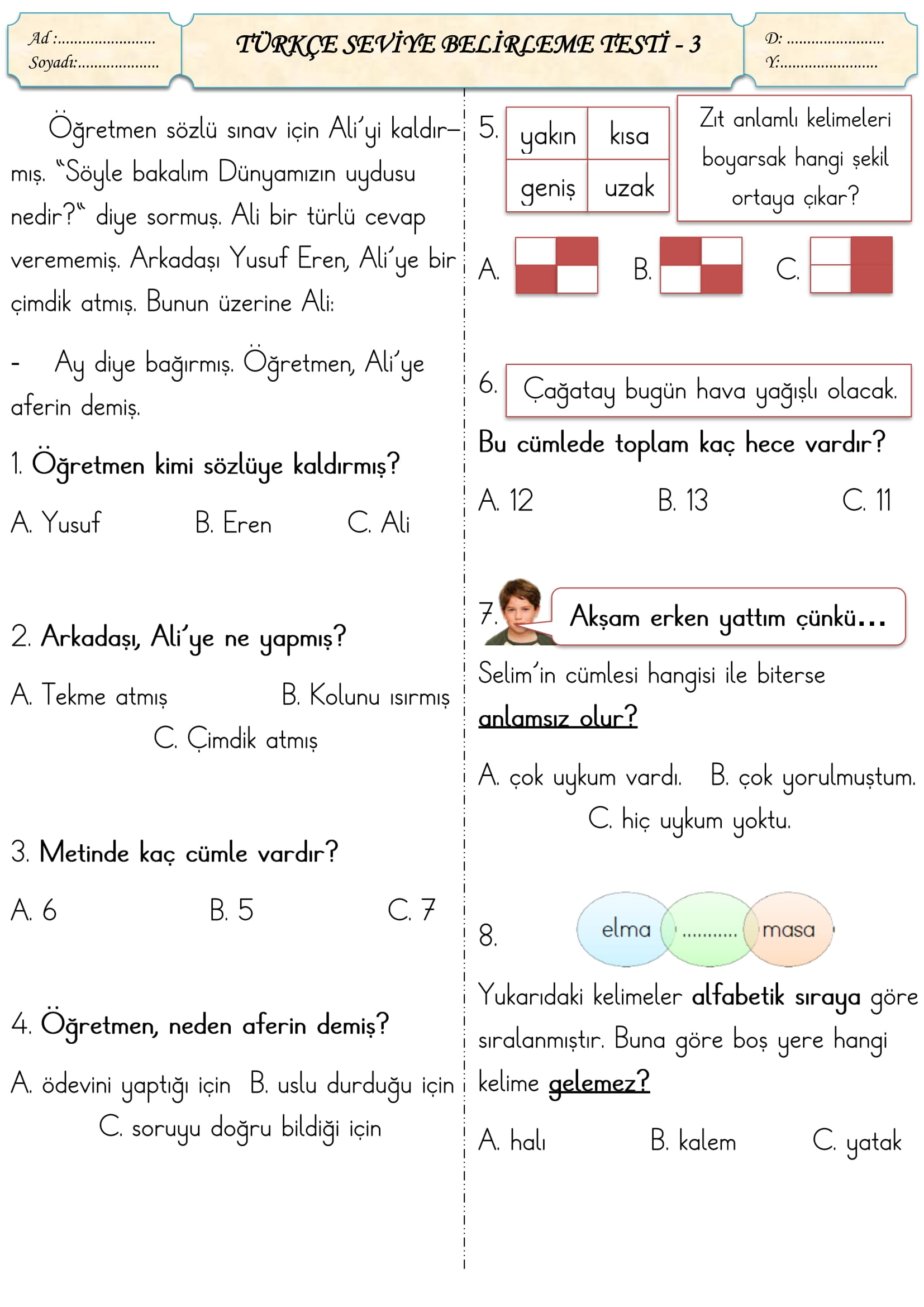 1.Sınıf Türkçe Seviye Belirleme Testi-3
