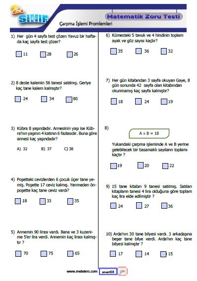 2. Sınıf Matematik Çarpma İşlemi Problemler Testi