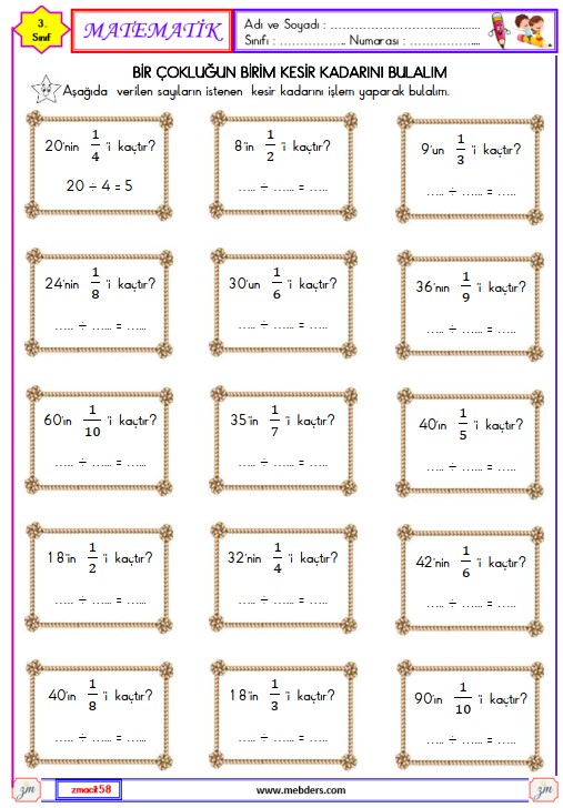 3. Sınıf Matematik Kesirler Etkinliği 11