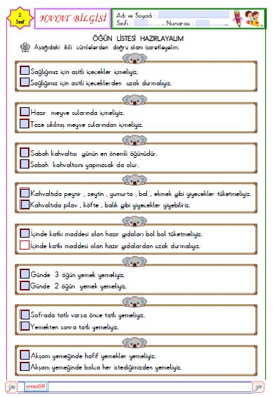 2.Sınıf Hayat Bilgisi Öğün Listesi Hazırlayalım