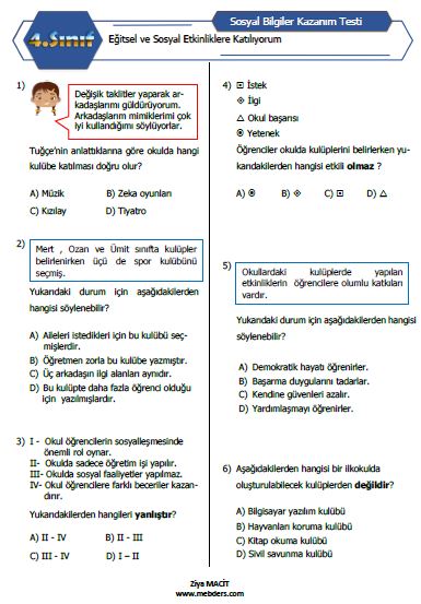 4.Sını Sosyal Bilgiler Eğitsel ve Sosyal Etkinliklere Katılıyorum  Kazanım Testi