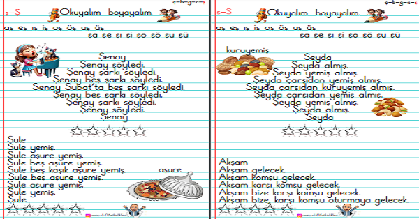 1. Sınıf İlk Okuma Yazma Ş Sesi Hızlı Okuma Etkinlikleri (4 Sayfa)