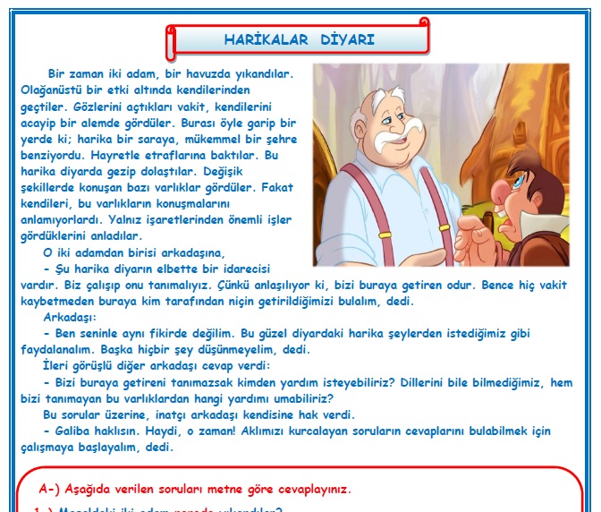 2.Sınıf Türkçe Harikalar Diyarı Okuma Anlama Metin Çalışması