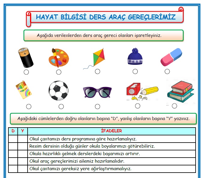 2.Sınıf Hayat Bilgisi Ders Araç ve Gereçlerimiz Etkinlik Çalışması