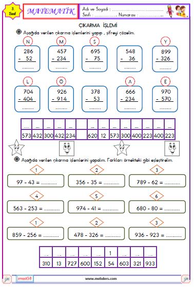 3. Sınıf Matematik Çıkarma İşlemi Etkinliği 2