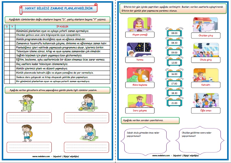 2.Sınıf Hayat Bilgisi Zamanı Planlayabilirim Etkinlik Çalışması