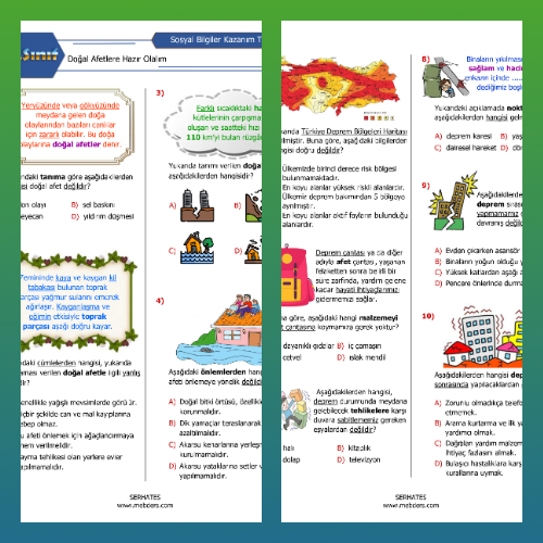 4. Sınıf Sosyal Bilgiler Doğal Afetlere Hazır Olalım Kazanım Testi