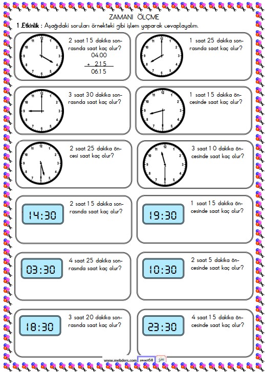 2. Sınıf Matematik Zamanı Ölçme ve Saat Etkinliği 15