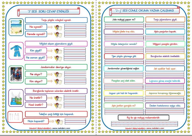 1.Sınıf J-j Sesi Çalışmaları   (12  Sayfa)