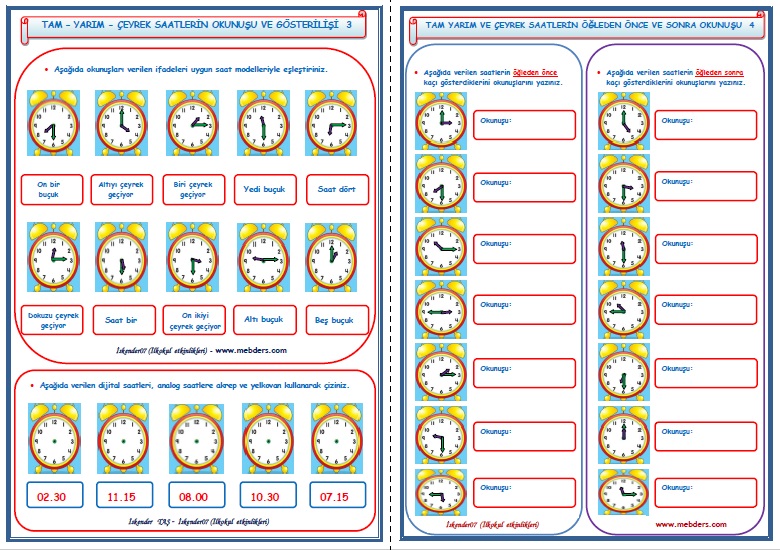 2.Sınıf Matematik Saatlerin Okunuşu ve Gösterilişi 3-4  (2 Sayfa)