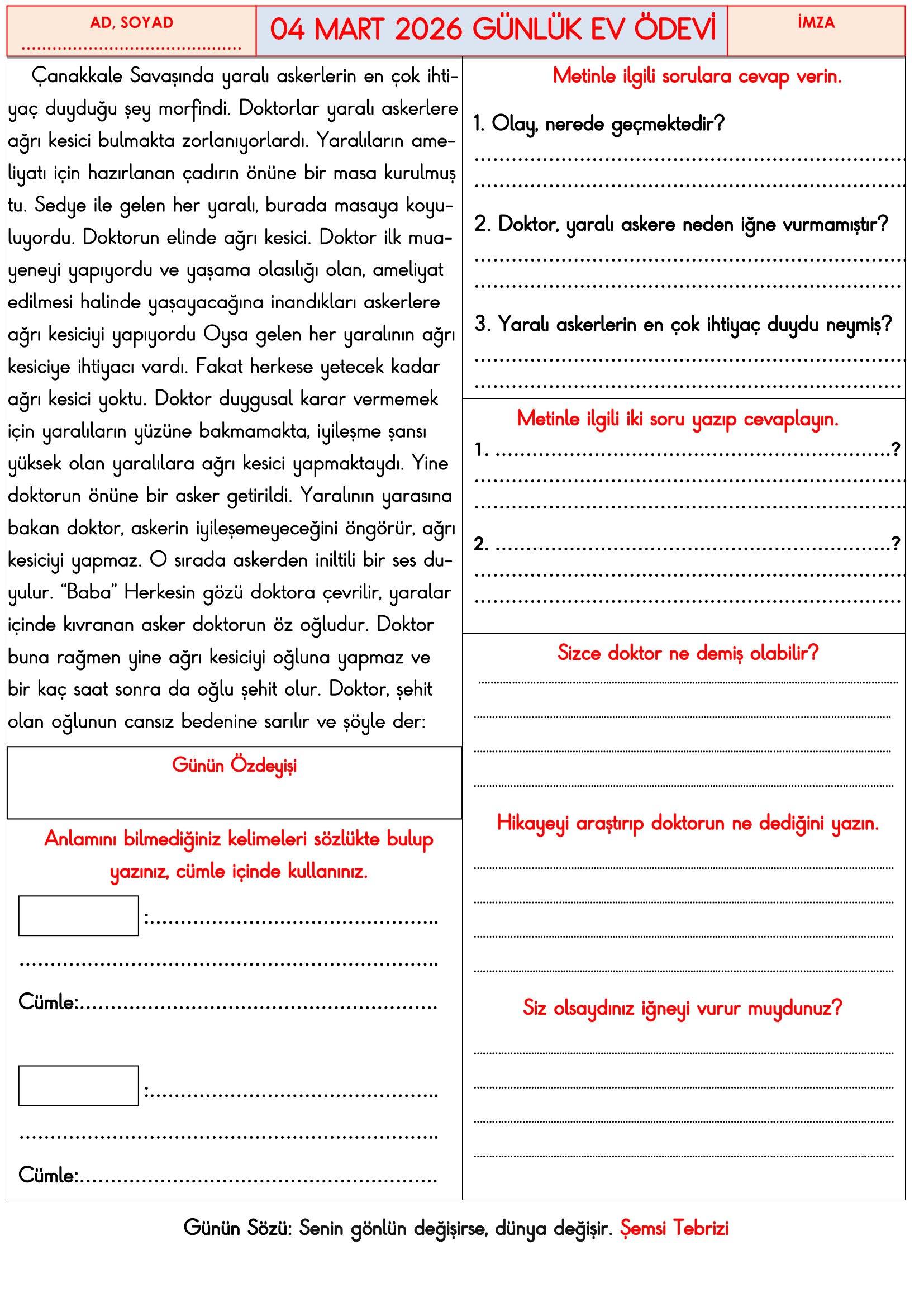 3.Sınıf - 04 Mart 2026 Günlük Ev Ödevleri